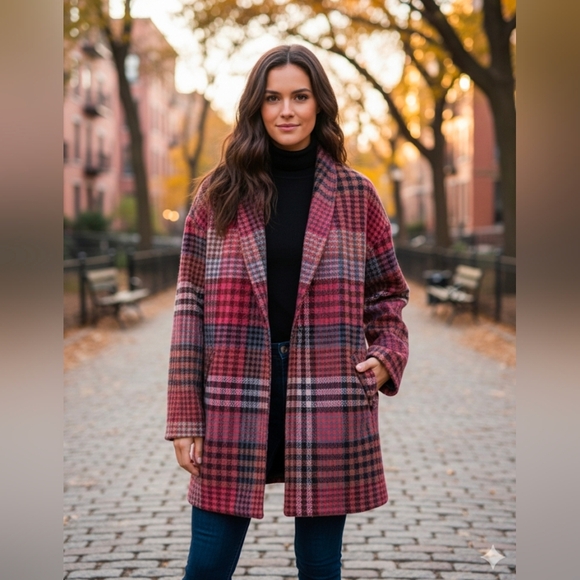 Rachel Zoe Pink Tweed Plaid Wool Blend Coat Size Large - Picture 1 of 13